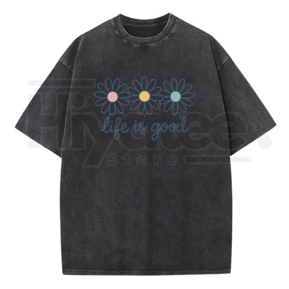 Holafish Acid Wash Daisy Print T-Shirt – Vintage Streetwear Drop Shoulder Graphic Tee