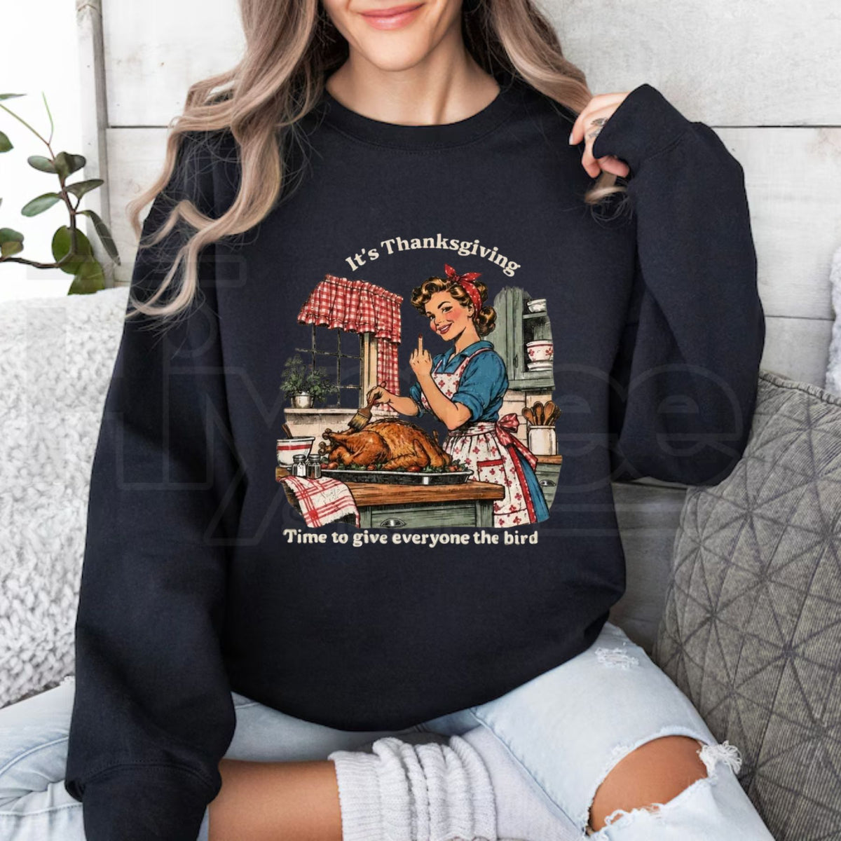 Give Everyone The Bird Thanksgiving Sweatshirt, Funny Retro Turkey Graphic Pullover