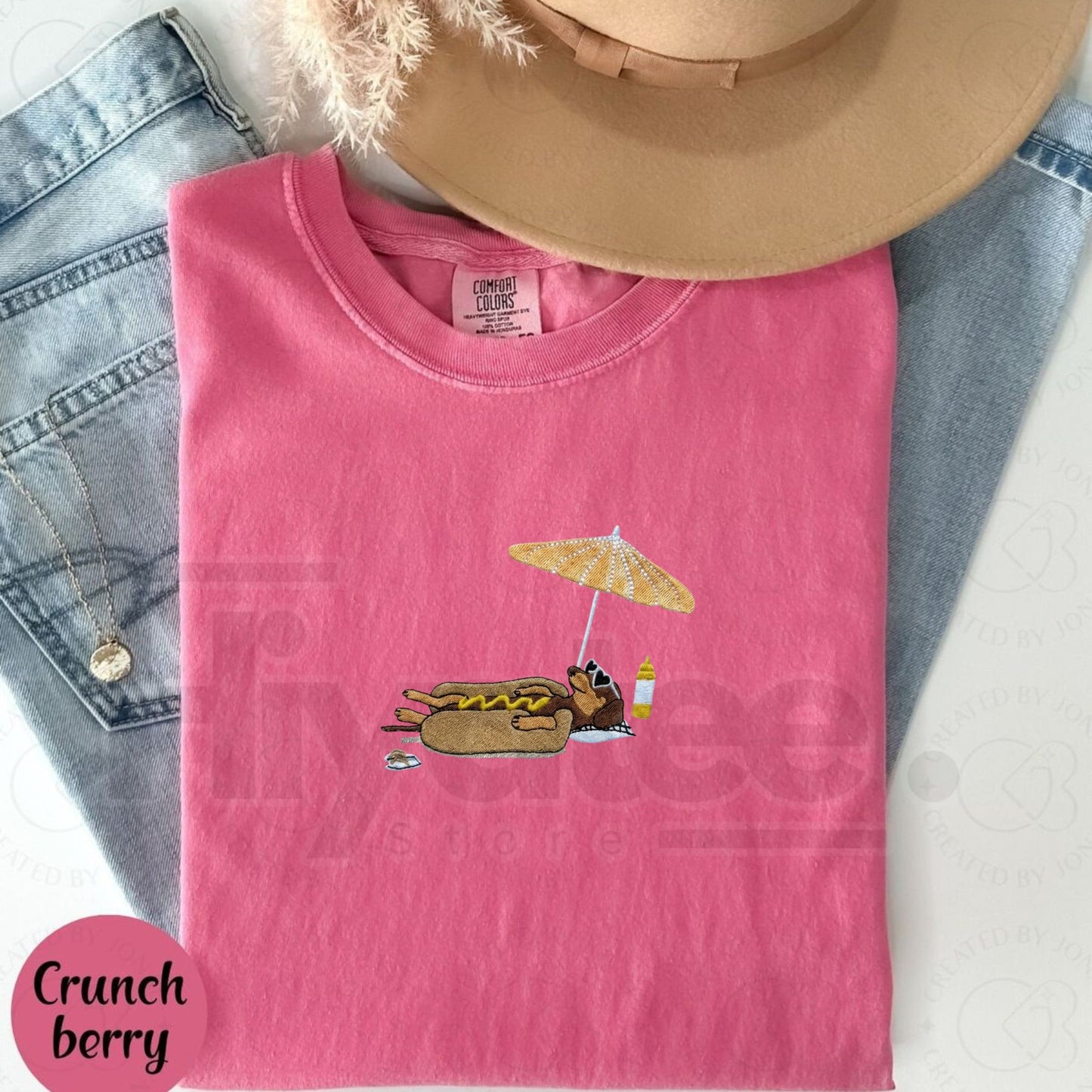 Hot Dog On Beach Dachshund Embroidered Summer Comfort Colors® T-Shirt – Funny Weiner Dog Beach Tee, Embroidered Summer Shirt