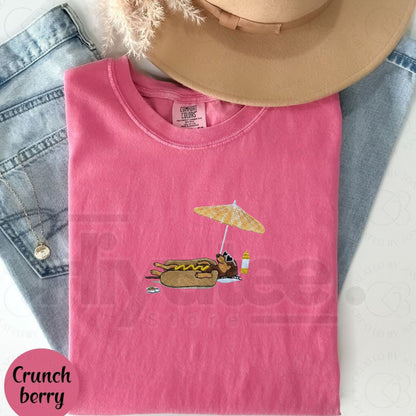 Hot Dog On Beach Dachshund Embroidered Summer Comfort Colors® T-Shirt – Funny Weiner Dog Beach Tee, Embroidered Summer Shirt