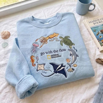 "Go With The Flow" Embroidered Sweatshirt – Ocean Marine Animals Crewneck, Coastal Pullover Gift
