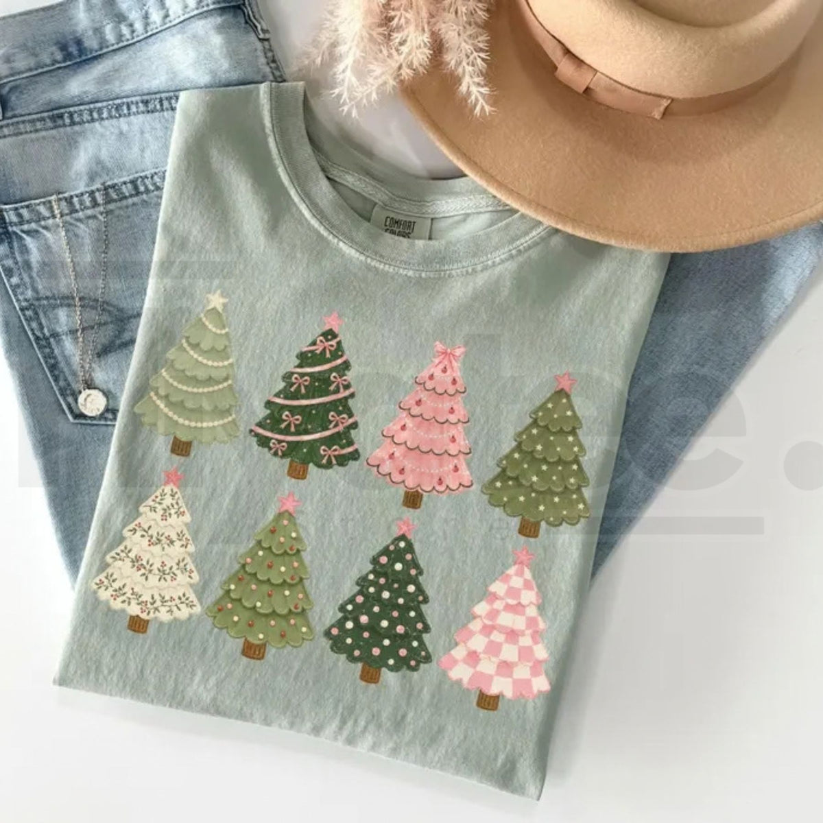 Comfort Colors Whimsical Christmas Trees Pink Holiday Tee