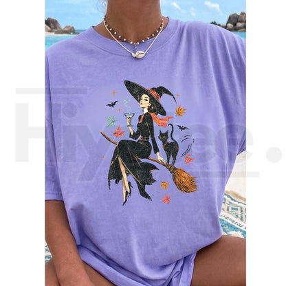 Vintage Witch Cat Ringer Tee Retro Salem Halloween Spooky Pumpkin Shirt