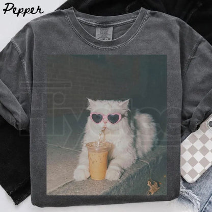 Persian Cat Comfort Colors Shirt Iced Coffee Cat Mom T-Shirt