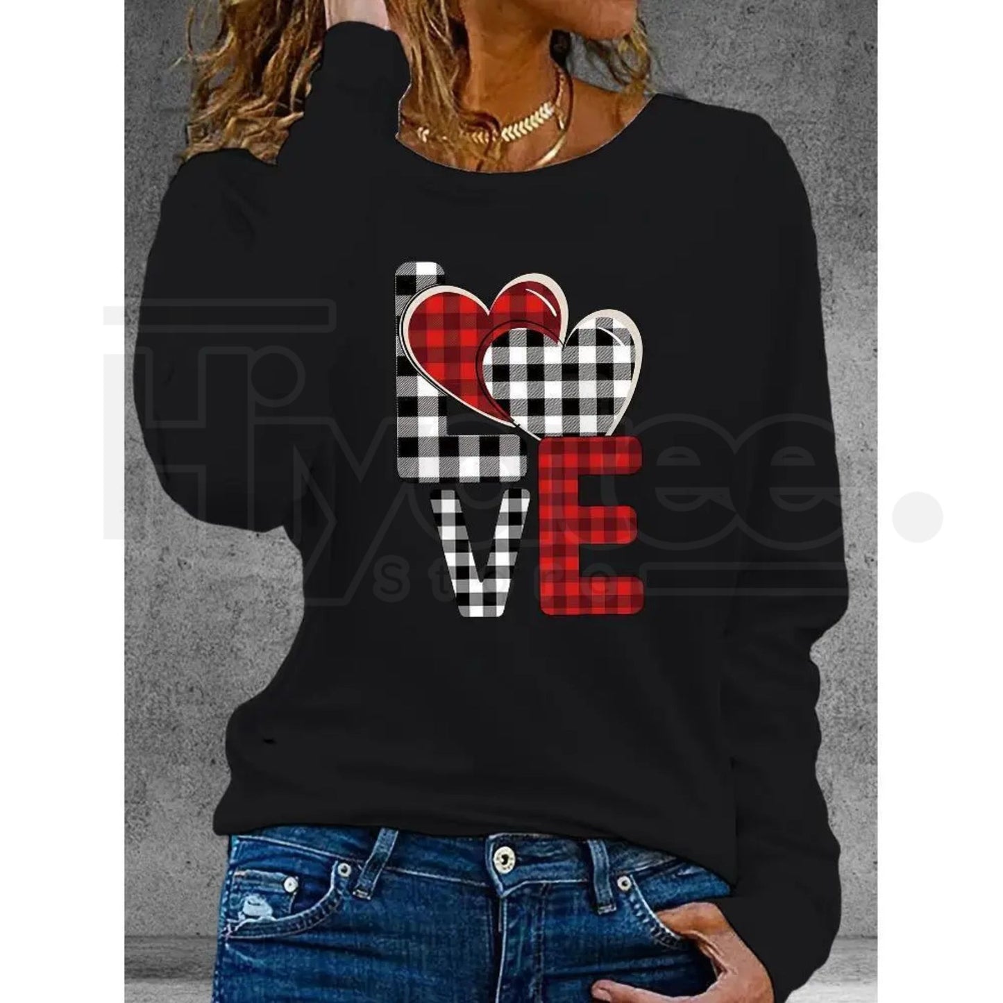 Valentine's Day Heart Print Long Sleeve T-Shirt – Women's Autumn Winter Crew Neck Top with Slight Stretch