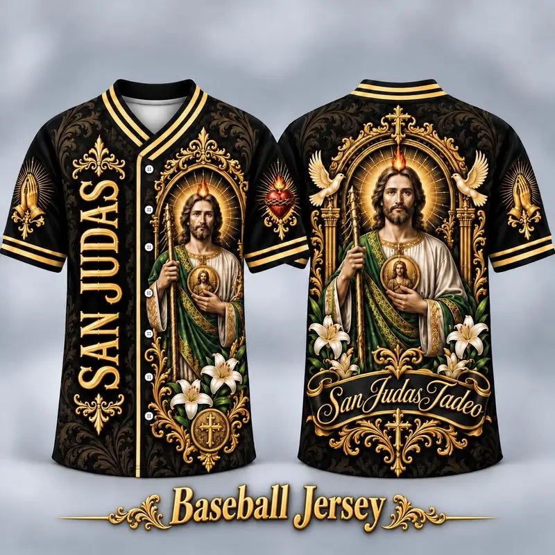 Men's San Judas Tadeo Graphic V-Neck Shirt & Baseball Jersey Style Top