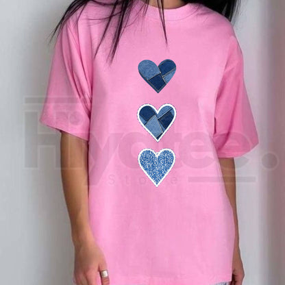 Women's Denim Heart Graphic T-Shirt – Cute Casual Summer Streetwear Top