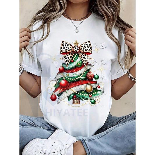 Women's Christmas Tree T-Shirt – Leopard Bow Sparkle Festive Holiday Black Casual Tee - Hiyatee