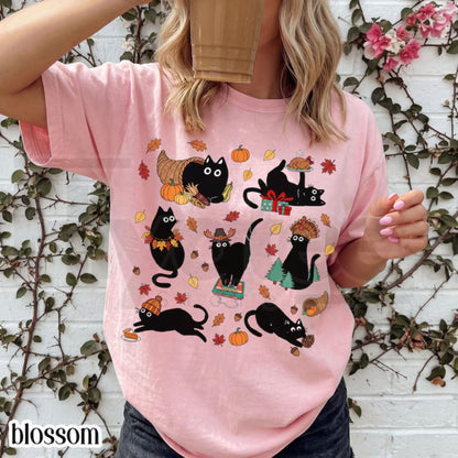 Thanksgiving Cat Comfort Colors Shirt Retro Black Cat Cozy Season Tee