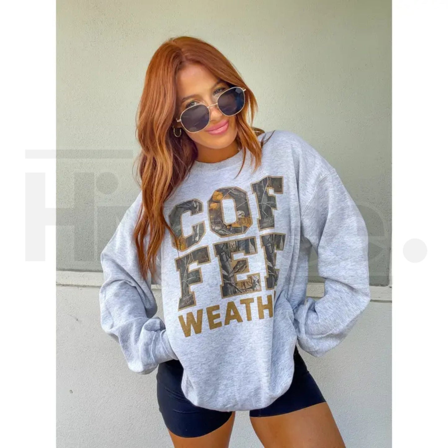 Camo Coffee Graphic Top – Camouflage Coffee Lover Shirt, Outdoor Aesthetic Crewneck Pullover