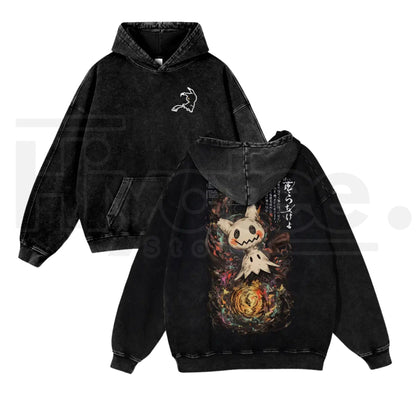 Mimikyu Japanese Ink-Wash Hoodie – Vintage Washed Yokai Graphic