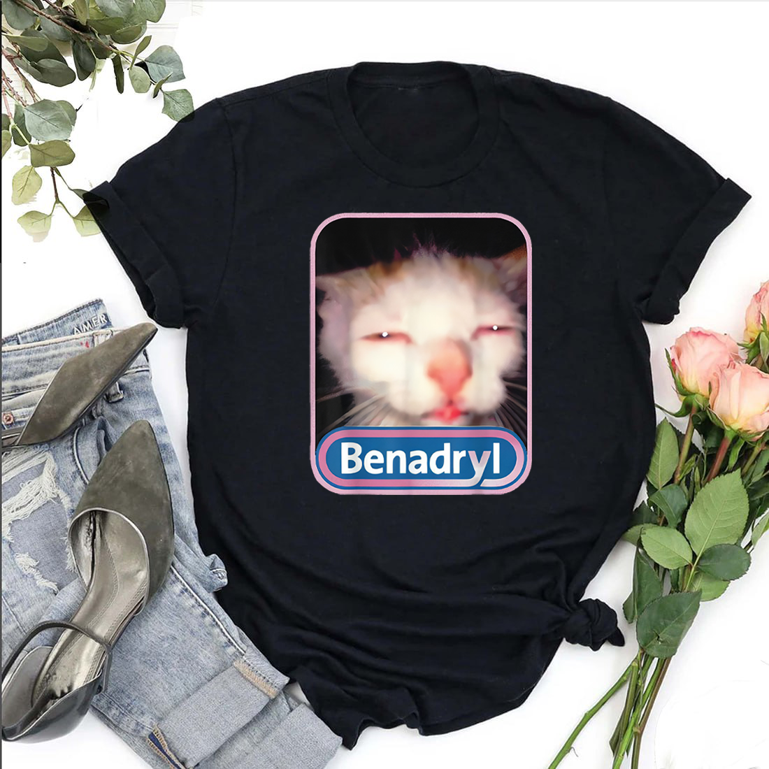 Benadryl Meme Cat Graphic Shirt, Funny Cat Cute Shirt, Casual Graphic Shirt, Gift for Men, Gift for Women- Hiyatee