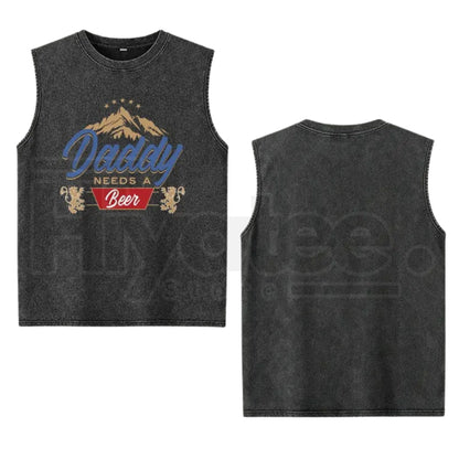 Men's Daddy Needs A Beer Tank Top – Funny Mountain Lion Graphic Washed Vintage Cotton Sleeveless Shirt, Loose Fit Gift for Dad