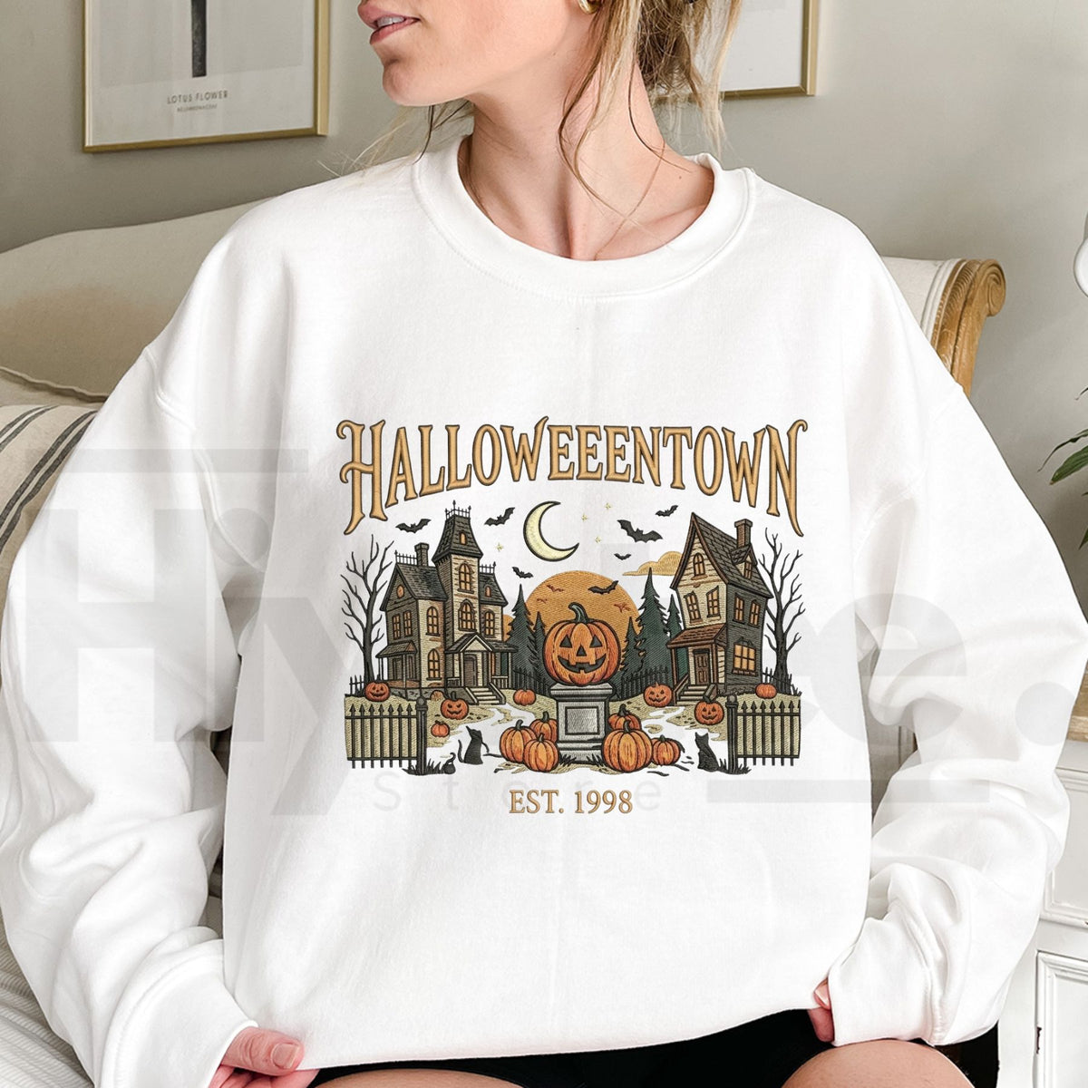 HalloweenTown Embroidered Gingham Sweatshirt – Spooky Village Haunted House Pullover
