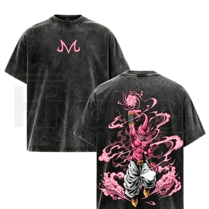 Majin Buu Vintage Washed Anime T-Shirt – Kid Buu Pink Energy Oversized Streetwear Tee