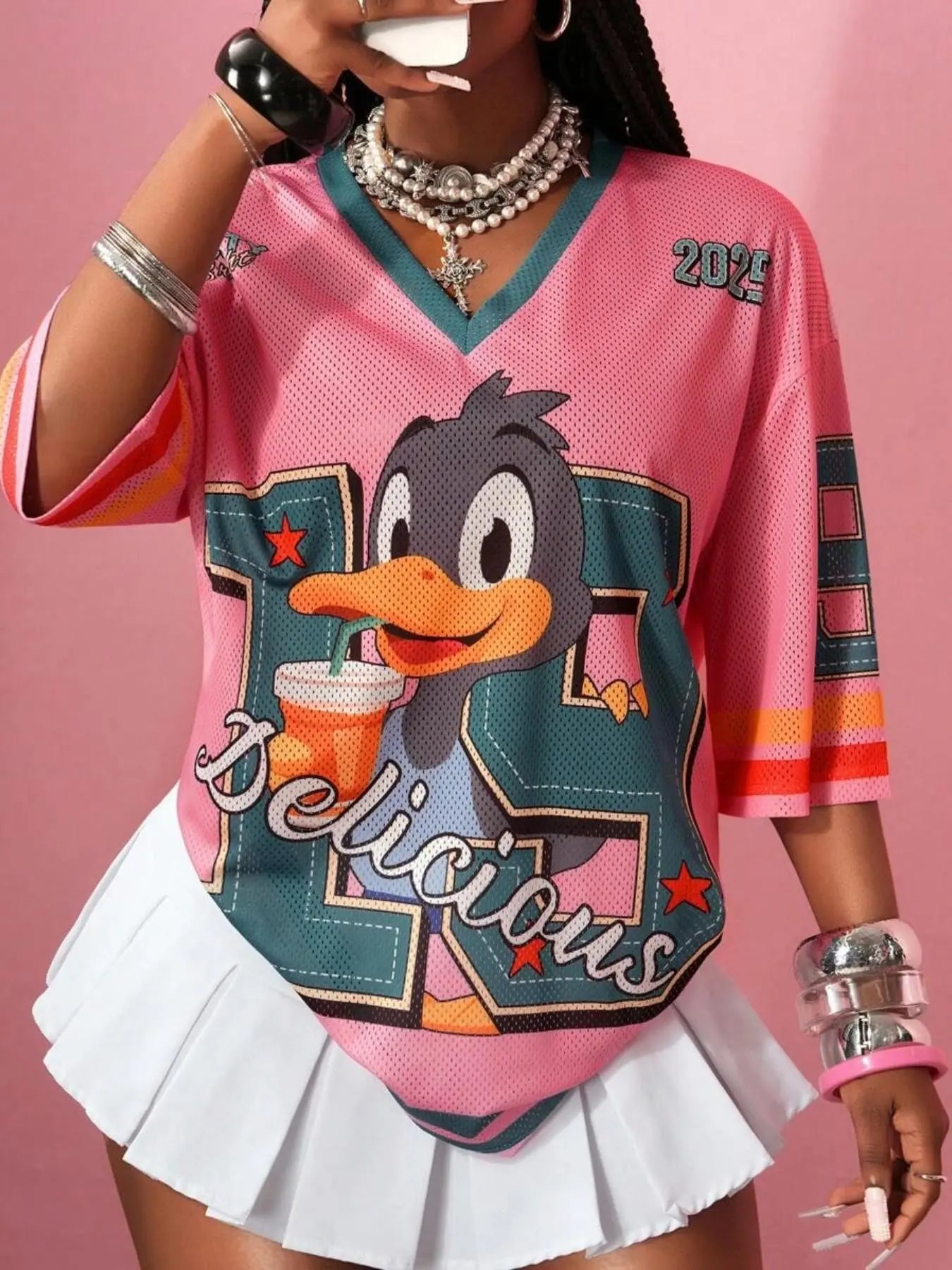 Streetwear Hip-Hop Mesh V-Neck Retro Doll T-Shirt