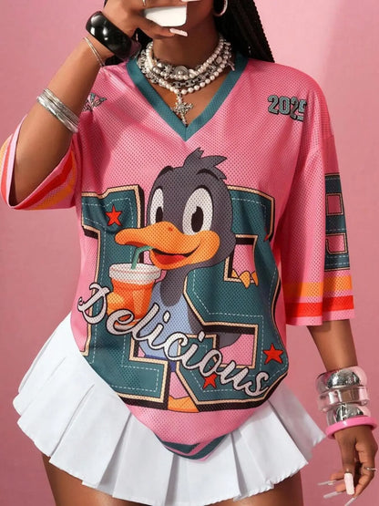 Streetwear Hip-Hop Mesh V-Neck Retro Doll T-Shirt