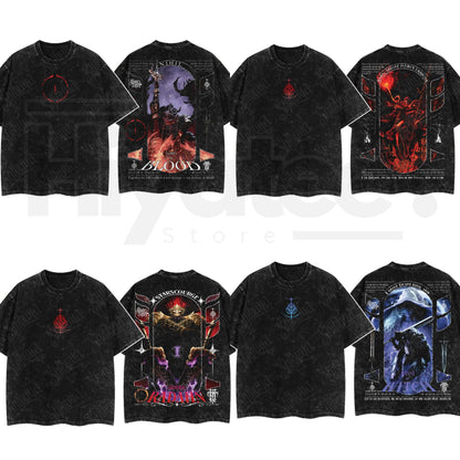 Dark Fantasy Gaming Washed T-Shirt – Oversized Cotton Double Print Streetwear Tee