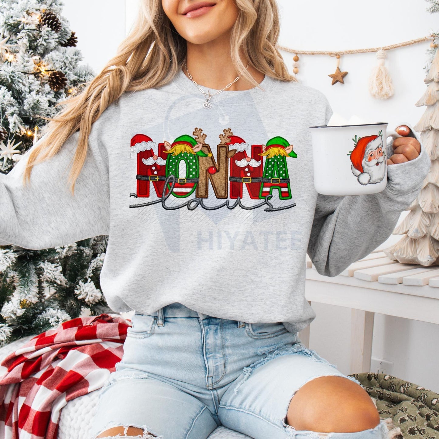 Unisex Faux Embroidery Santa Claus Sweatshirt – Vintage Holiday Pullover, Cozy Christmas Gift