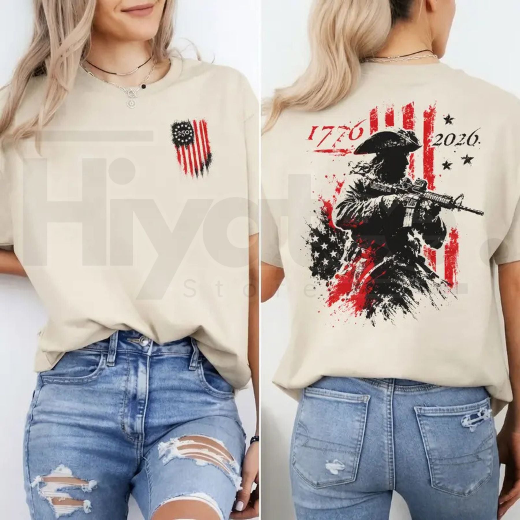 250th Anniversary Distressed American Flag 2-Sided T-Shirt – 1776-2026 Revolutionary Soldier Graphic Tee - Hiyatee