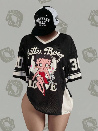 Streetwear Hip-Hop Mesh V-Neck Retro Doll T-Shirt