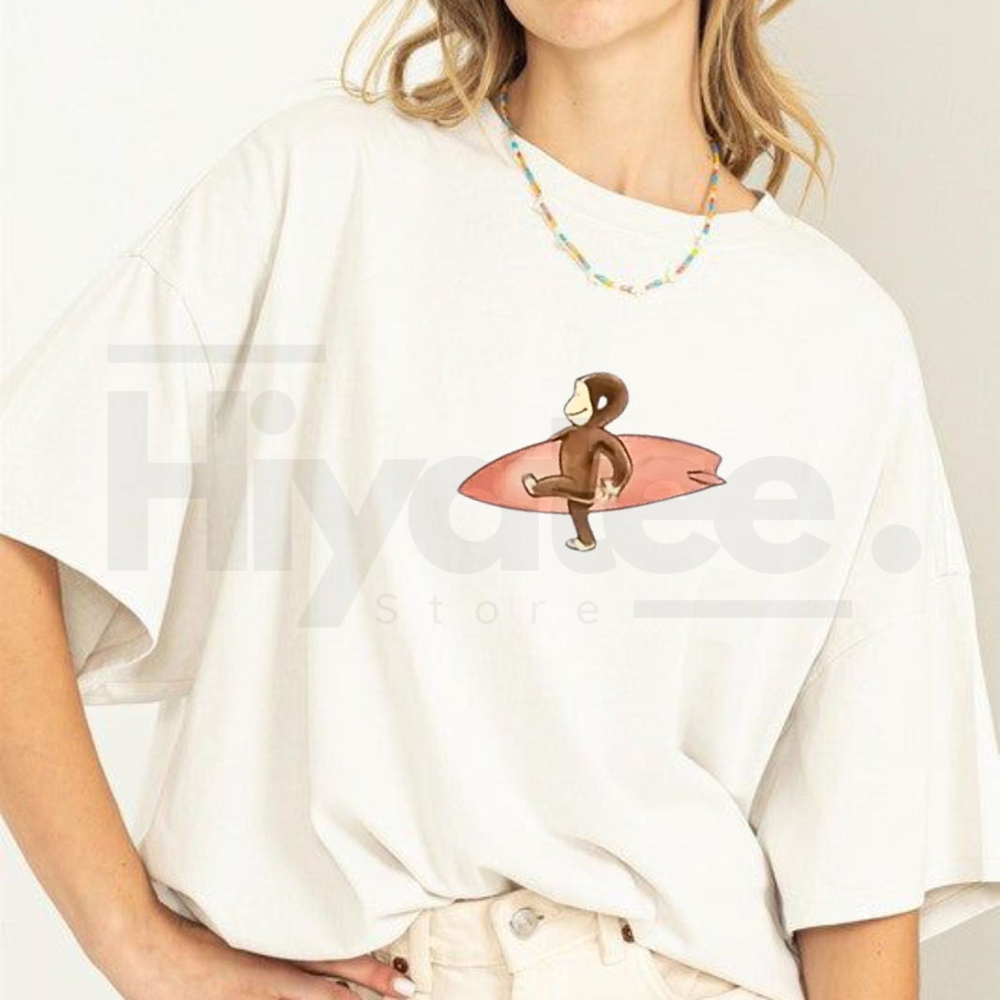 Curious George Surfing T-Shirt – Cute Cartoon Monkey Black Cotton Graphic Tee