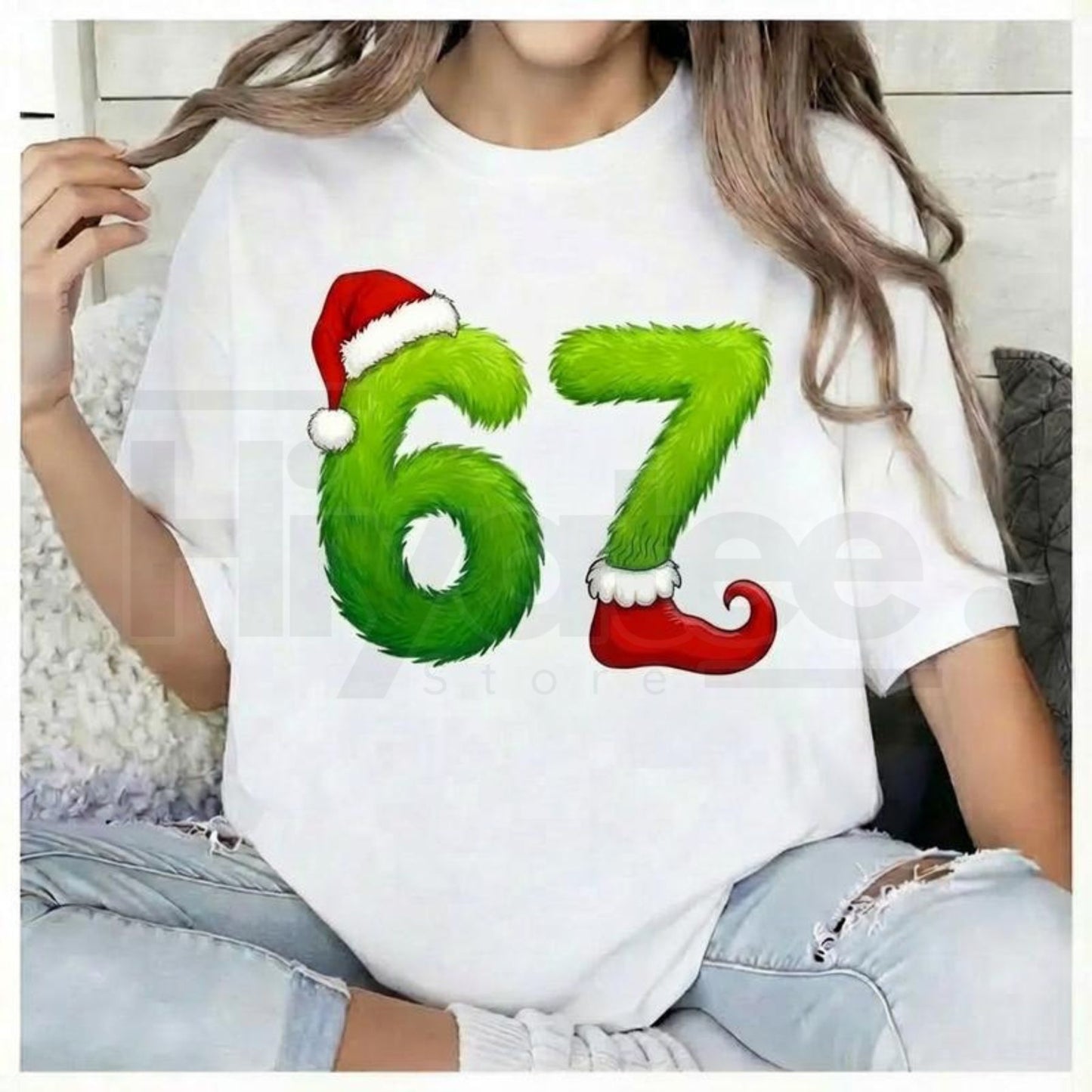 Funny Gen Z Pop 67 Meme T-Shirt – Green Guy Santa Hats Graphic 100% Cotton Christmas Tee