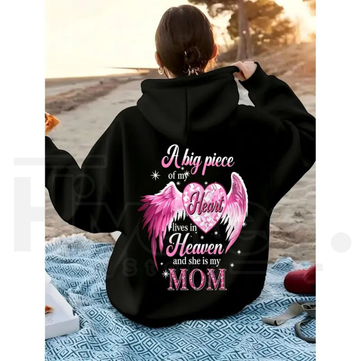 Women’s Mom Memorial Back Print Hoodie – Pink Angel Wings Heart Remembrance Pullover Sweatshirt