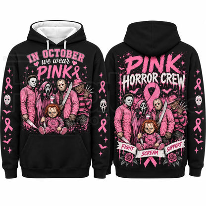 In October We Wear Pink Horror Hoodie – Spooky Movie Character Pink Ribbon Graphic Pullover, Breast Cancer Awareness Halloween
