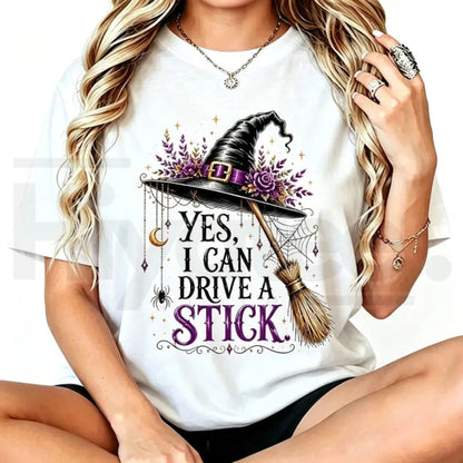 Women's Yes I Can Drive A Stick T-Shirt – Funny Halloween Witch Graphic Tee