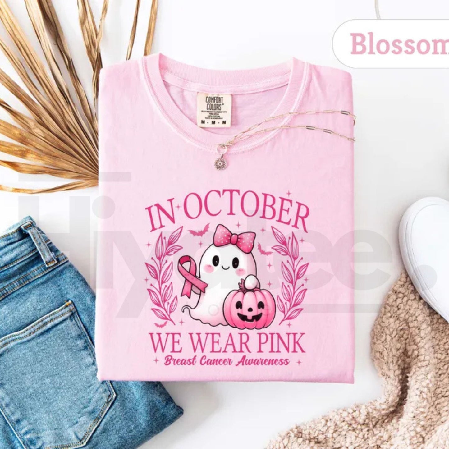 In October We Wear Pink Ghost T-Shirt Breast Cancer Awareness Halloween Tee