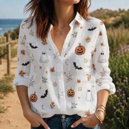 Halloween Ghost Pumpkin Fall Blouse – Spooky Long Sleeve Top, Cute Trick or Treat Shirt & Autumn Leaves Apparel
