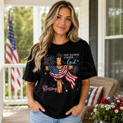 Comfort Colors One Nation Under God Shirt – Christian Patriotic 4th of July American Flag Cross Tee