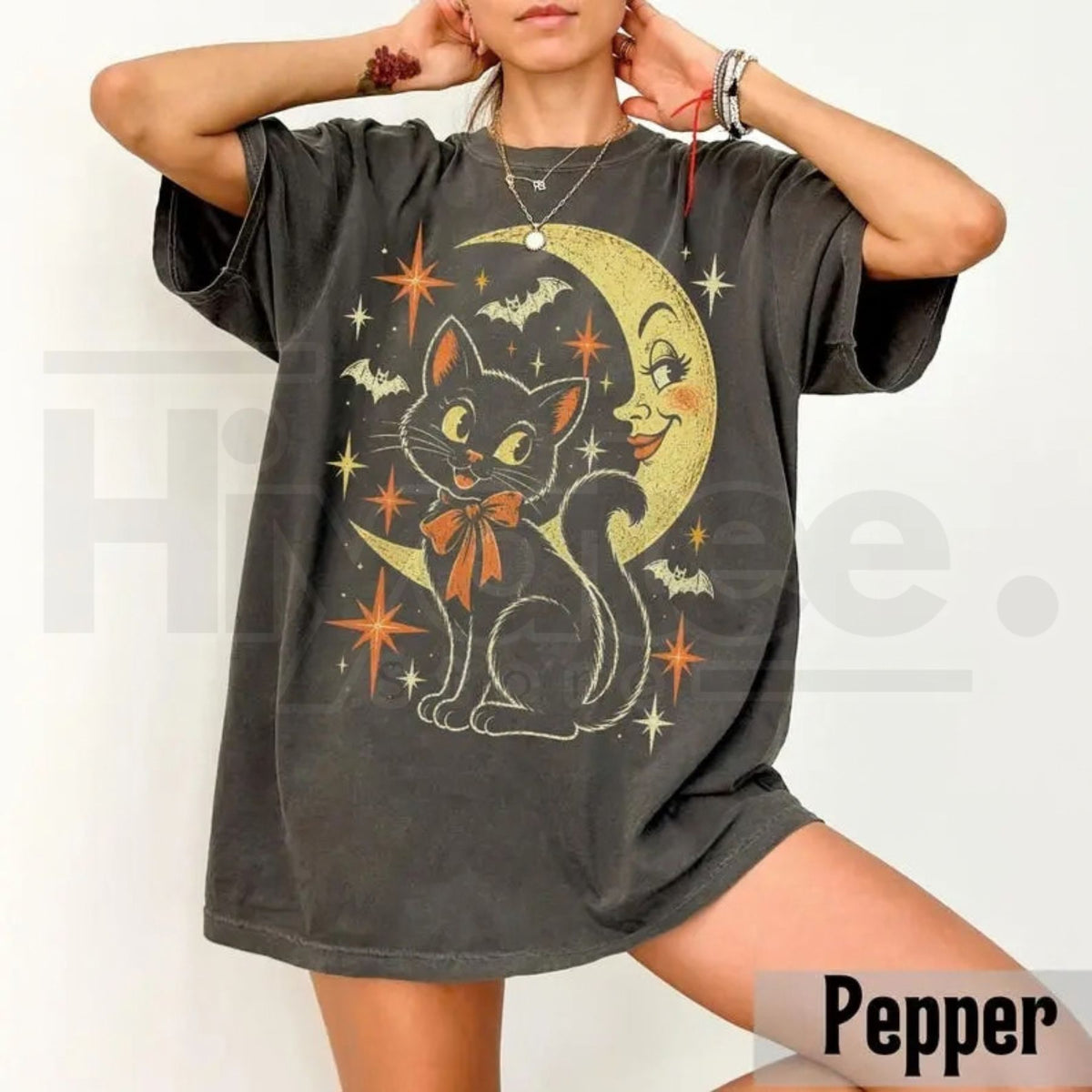 Vintage Black Cat Moon Halloween Tee