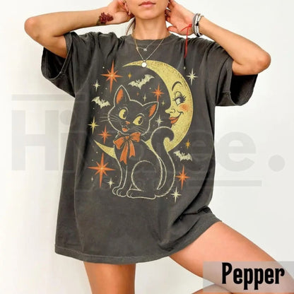 Vintage Black Cat Moon Halloween Tee