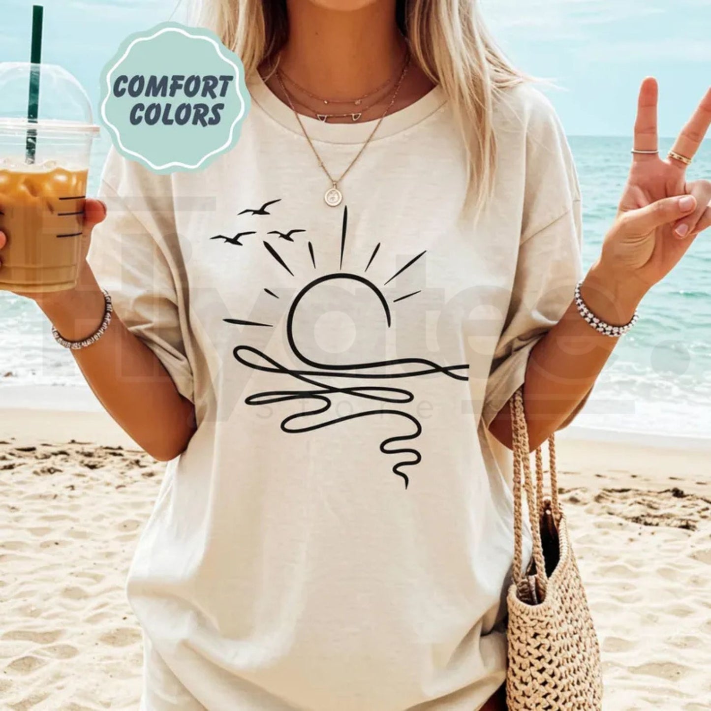 Comfort Colors Sun Ocean Shirt – Linear Graphic Boho Summer Tee, Trendy Cute Minimalist Beach T-Shirt