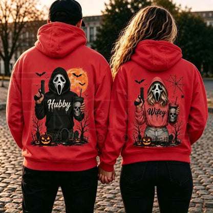 Hubby Wifey Halloween Spooky Season Couple Matching Hoodies – Casual Street Style Fleece Pullover