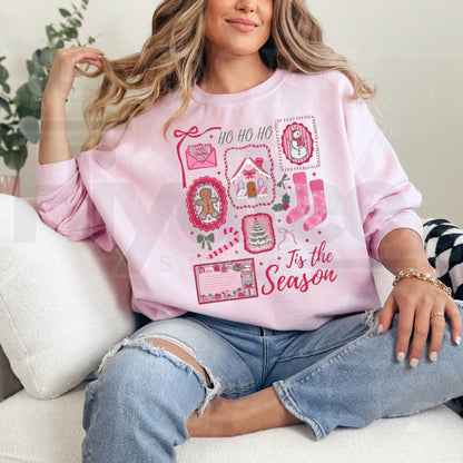 Pink Christmas Sweatshirt, Tis The Season Candy Cane Bow Santa Graphic Pullover