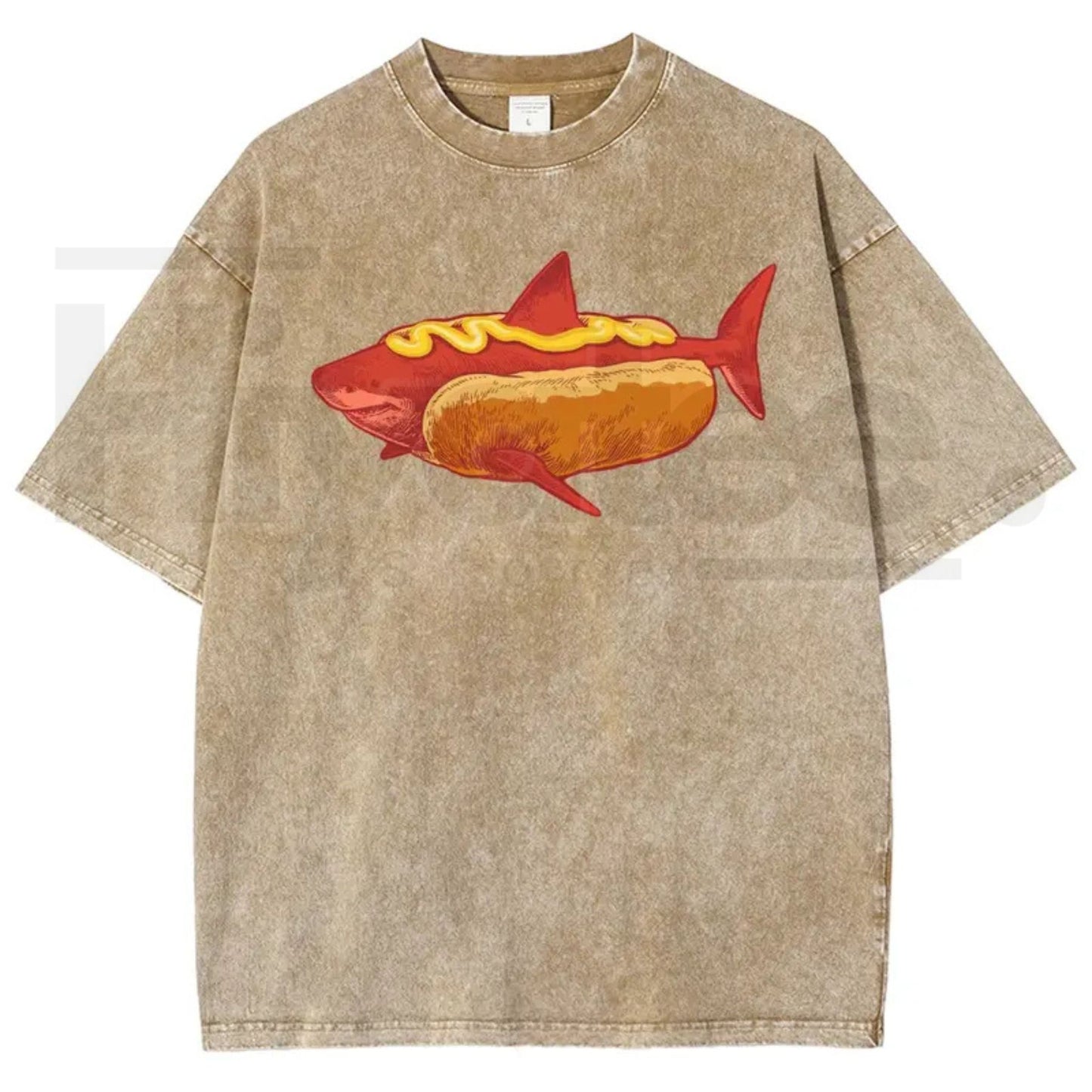 Shark Hotdog Funny Food Meme Vintage Washed Tee – Weirdcore Ocean Animal Graphic T-Shirt