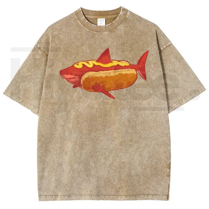 Shark Hotdog Funny Food Meme Vintage Washed Tee – Weirdcore Ocean Animal Graphic T-Shirt