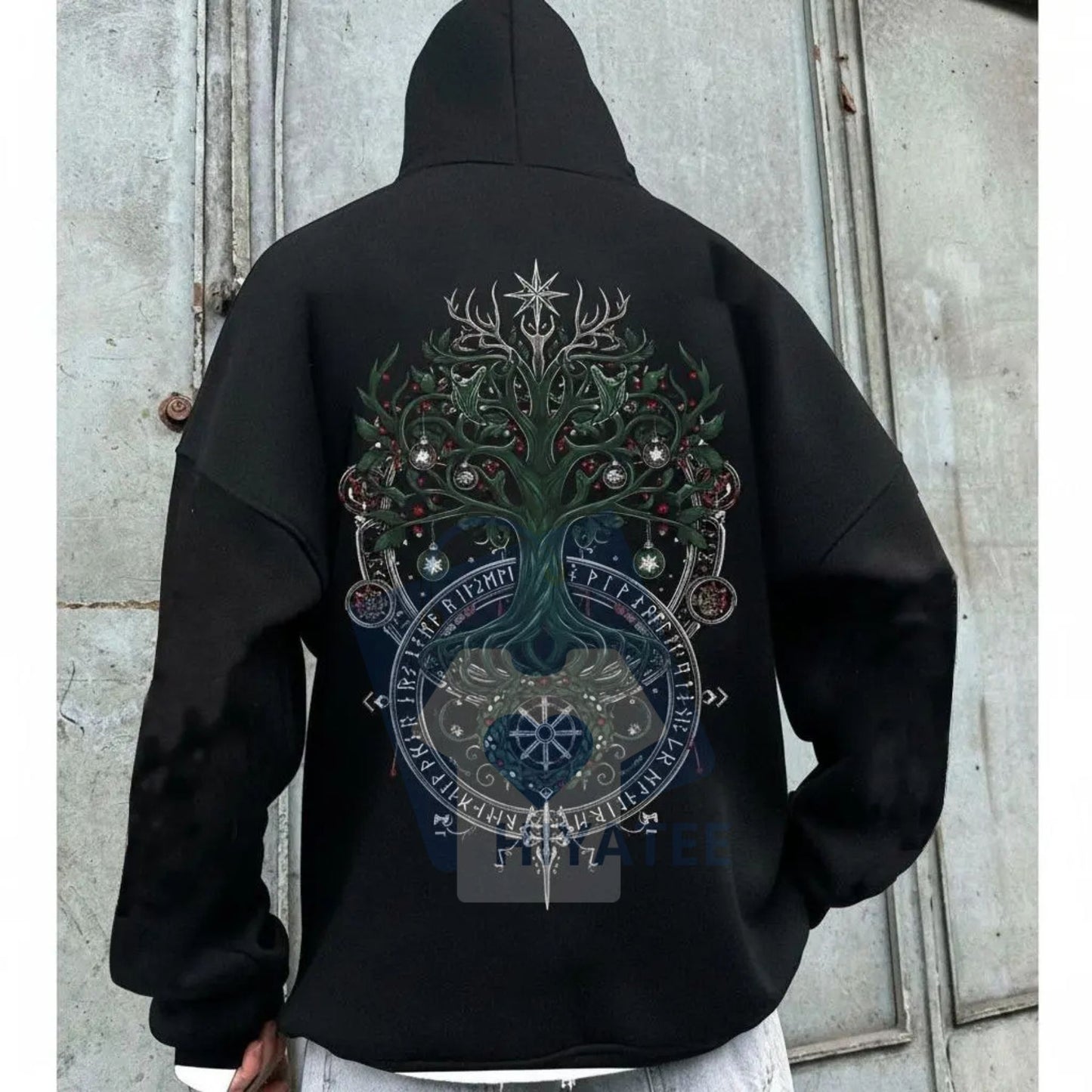 Nordic Gods Pullover Hoodie – Yggdrasil World Tree Back Design, Warm Fleece Sweater, Viking Mythology Apparel for Men