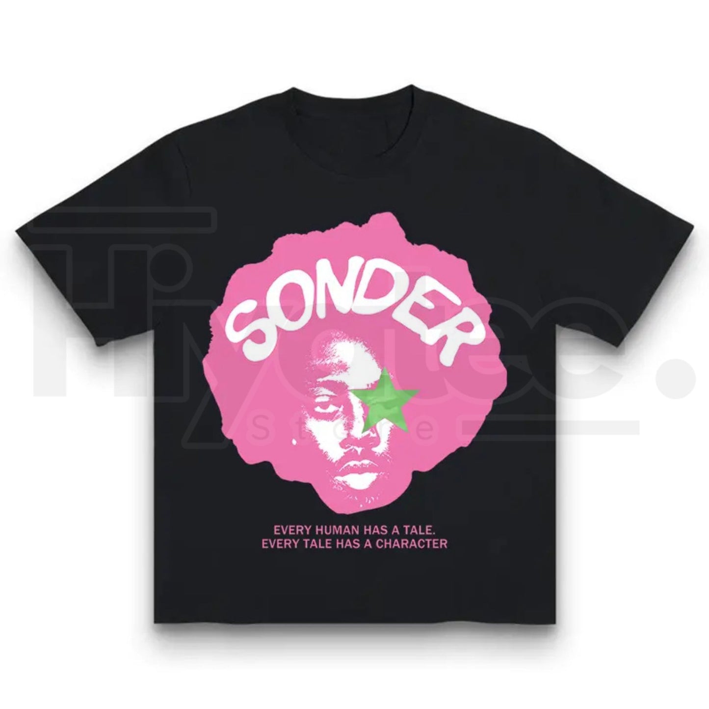 Bold Pink Sonder Lettering Rap Shirt – Geometric Print Streetwear Crewneck
