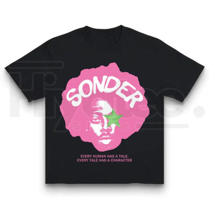 Bold Pink Sonder Lettering Rap Shirt – Geometric Print Streetwear Crewneck