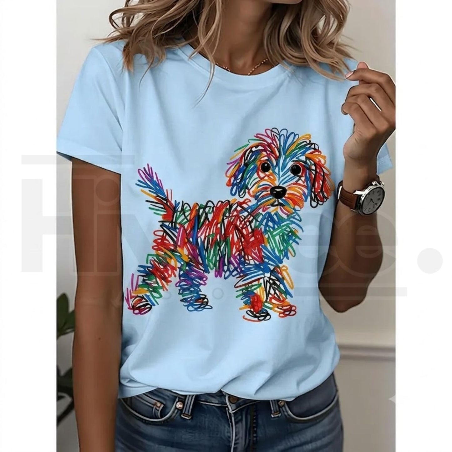 Rainbow Line Puppy Print Cotton T-Shirt – White Creative Graffiti Style Dog Lover's Top