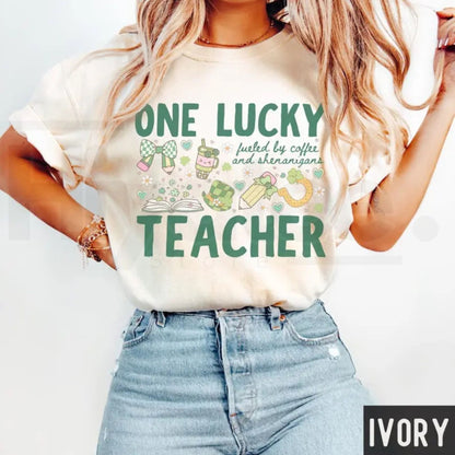 Comfort Colors® One Lucky Teacher St Patrick's T-Shirt – 'Fueled By Coffee and Shenanigans' Clover Tee