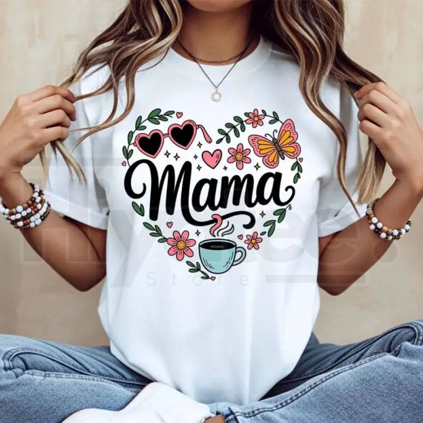 "Mama: Heart, Flower & Coffee" – Cute White Crew Neck Graphic Top