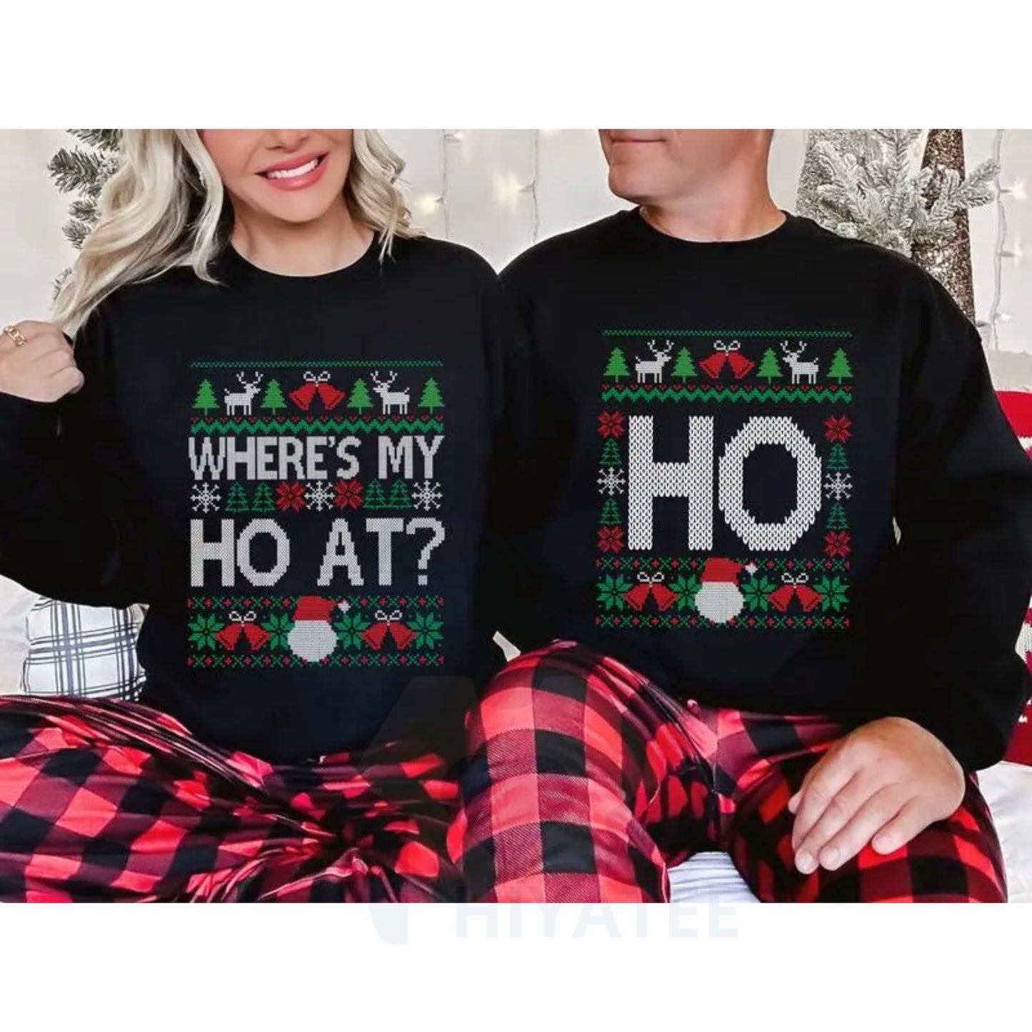 Funny Couples Christmas Sweatshirt Set: "Where’s My Ho At" & "Ho Ugly" Christmas Sweaters, Hilarious Holiday Crewnecks
