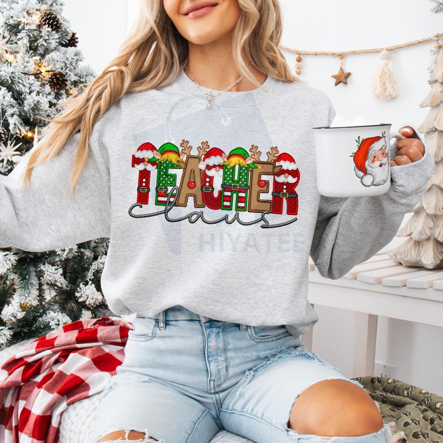 Unisex Faux Embroidery Santa Claus Sweatshirt – Vintage Holiday Pullover, Cozy Christmas Gift