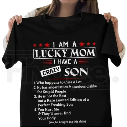 "Lucky Mom, Crazy Son" – Funny Sarcastic Mom Life Graphic Top