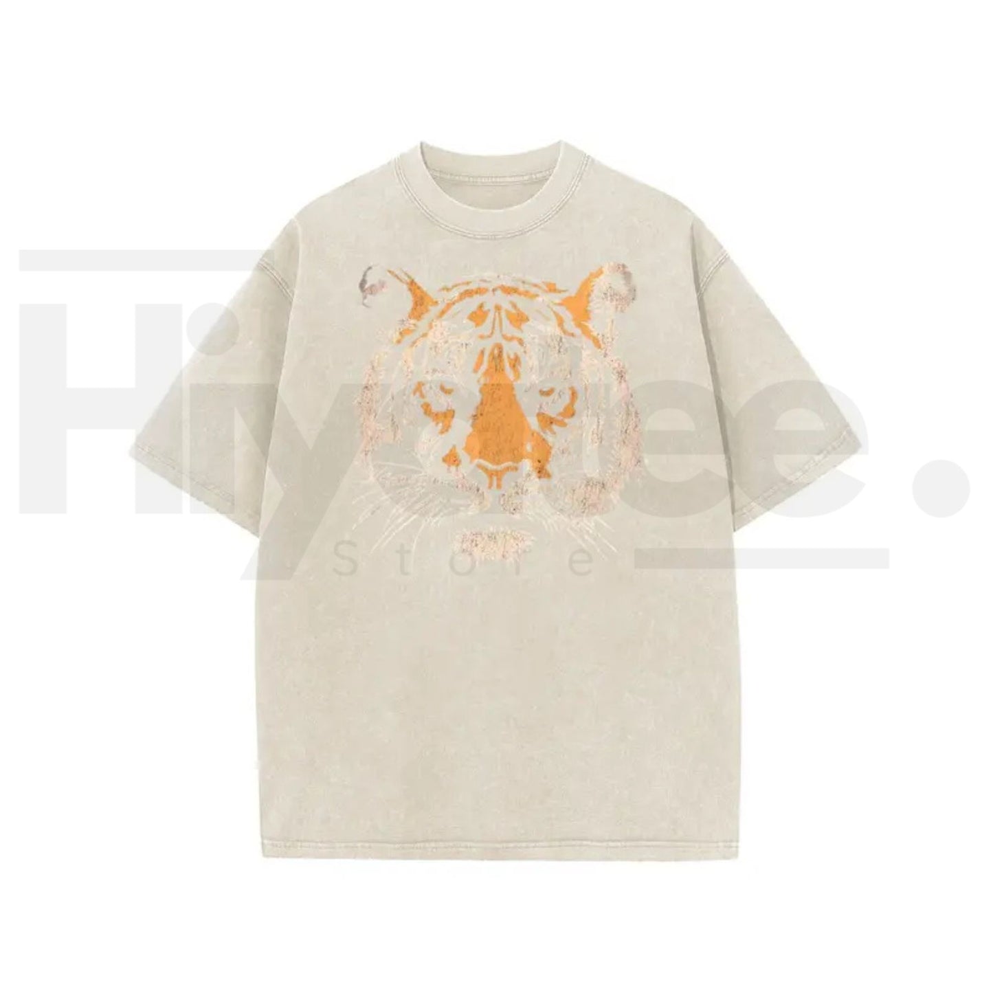 Holafish Unisex Vintage Tiger Graphic Short Sleeve T-Shirt – Acid Washed Heavyweight Cotton Oversized Streetwear Top